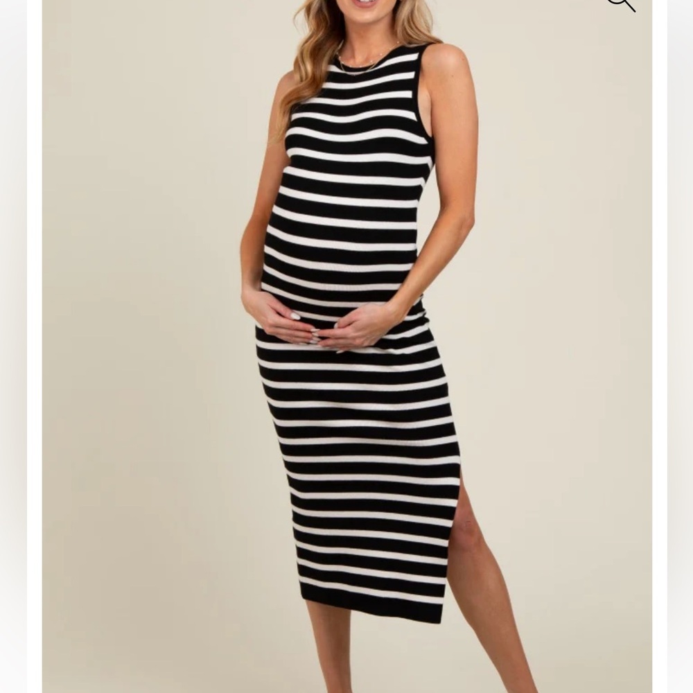 Black White Striped Knit Sleeveless Side Slit
Maternity Midi Dress L